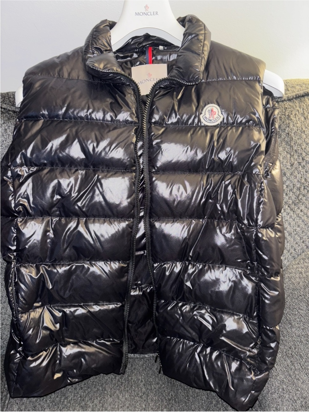 Moncler Shiny Black Puffer Vest with Logo Patch
